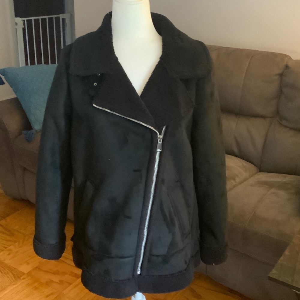 LOFT Black Teddy Jacket with Shearling Trim